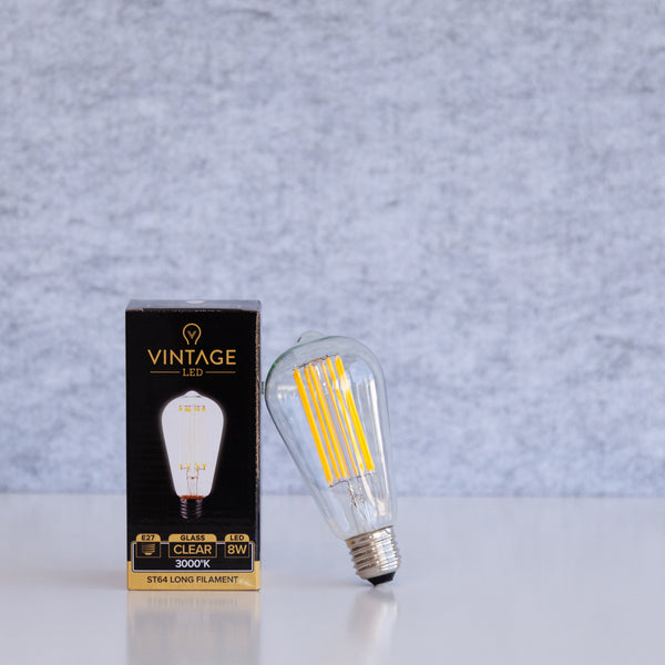 ST64 8W LED Long Filament Light Bublb - E27 3000K Clear Glass - Vintage ...