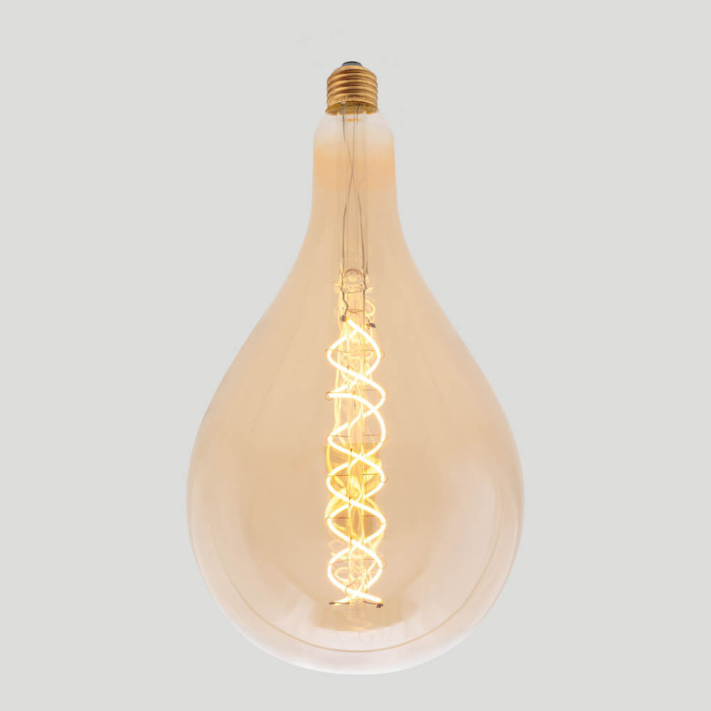 A165 6W E27 2200k Large Tear Drop Double Soft Spiral LED Filament Bulb Gold Tint Glass | Vintage LED
