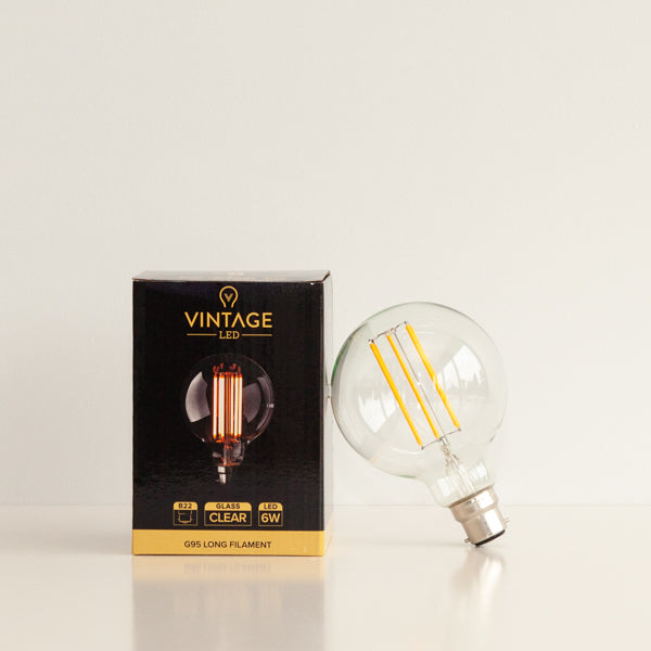 G95 6W LED Long Filament Light Bulb B22 2200k Clear Glass | Superior Quality LED Light Globes | Vintage LED
